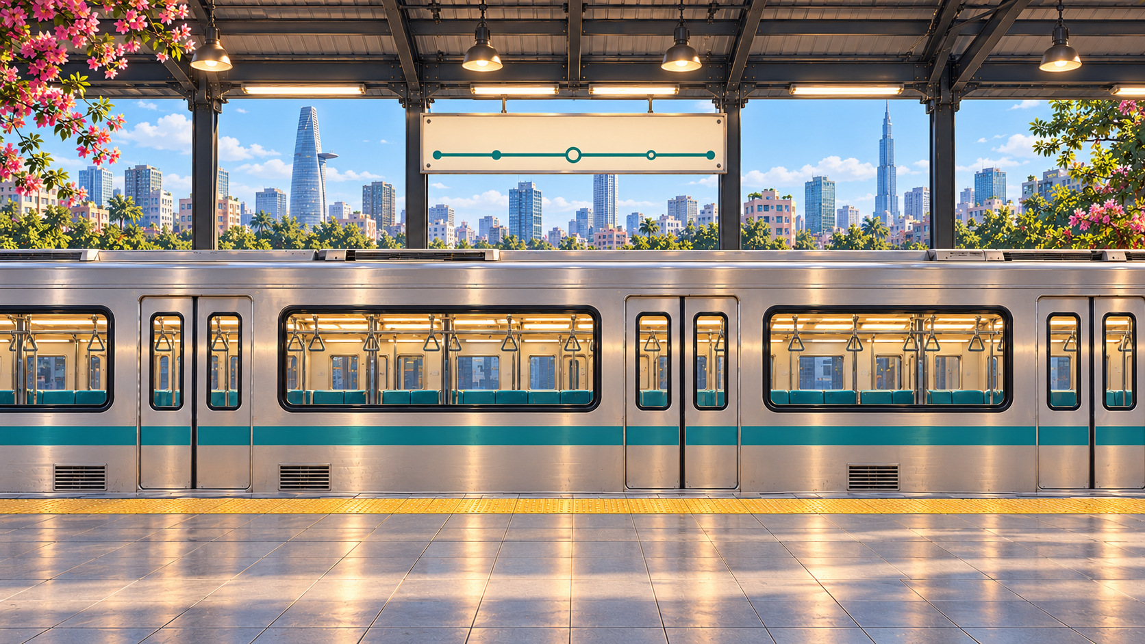 月台正面，正面全景與平直列車，為八人舞團留下一個明亮的舞台。
