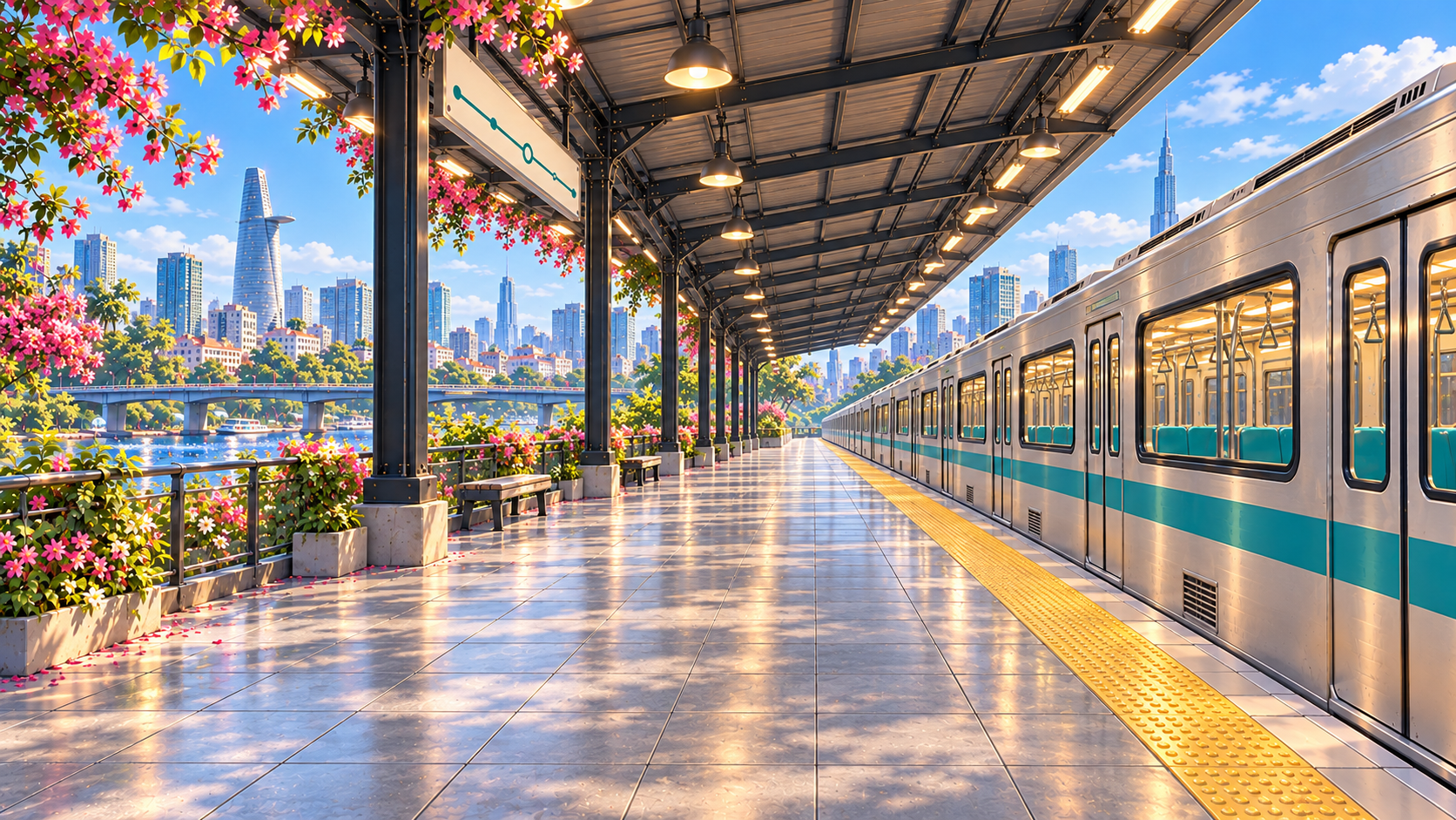 月台縱深，沿月台延伸的空間層次，連結人物、列車與城市。