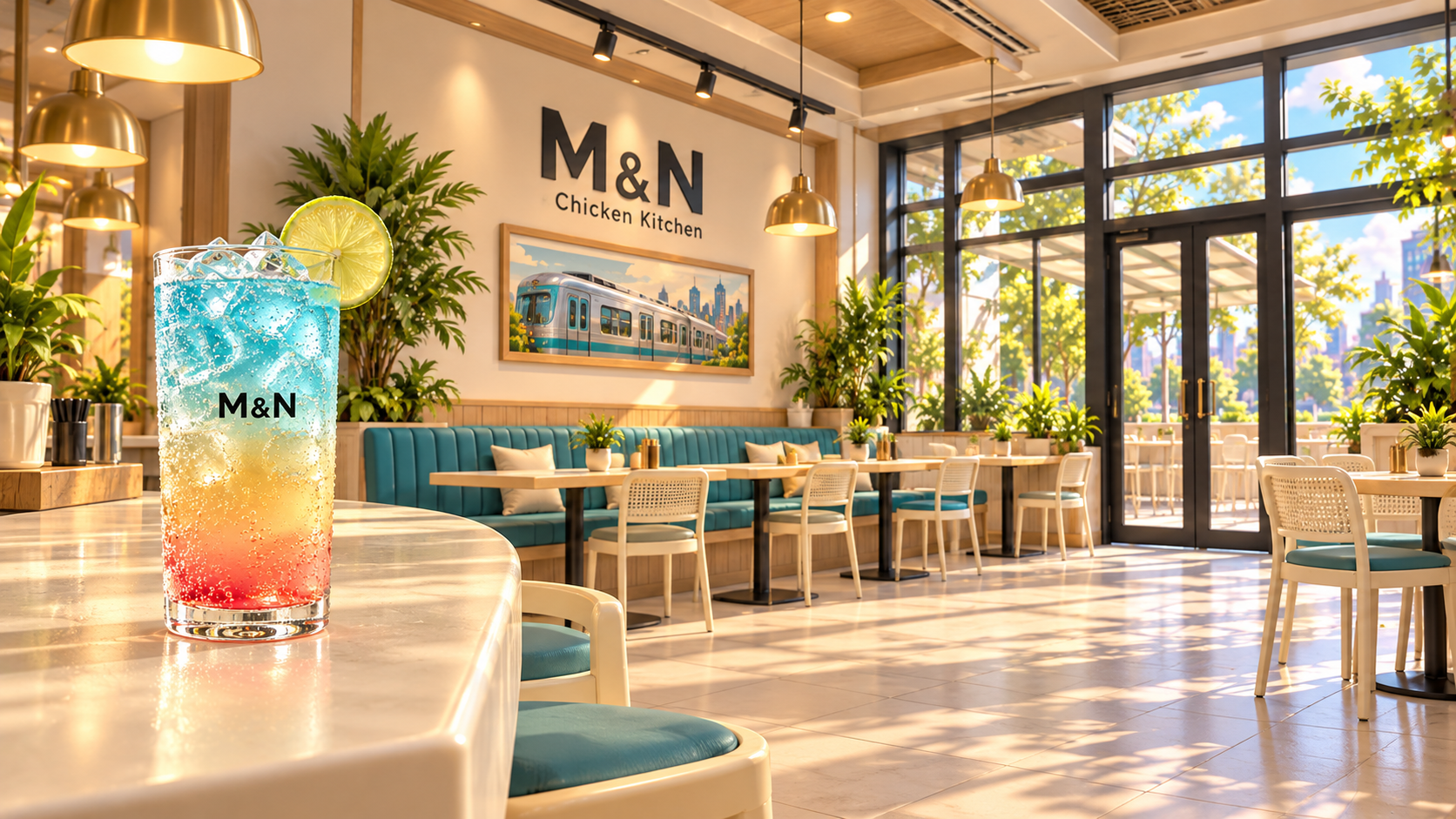 M&N店內飲料吧台，以木質、奶油白與青綠座椅延伸店內設計，加入紅、金、藍漸層飲料。